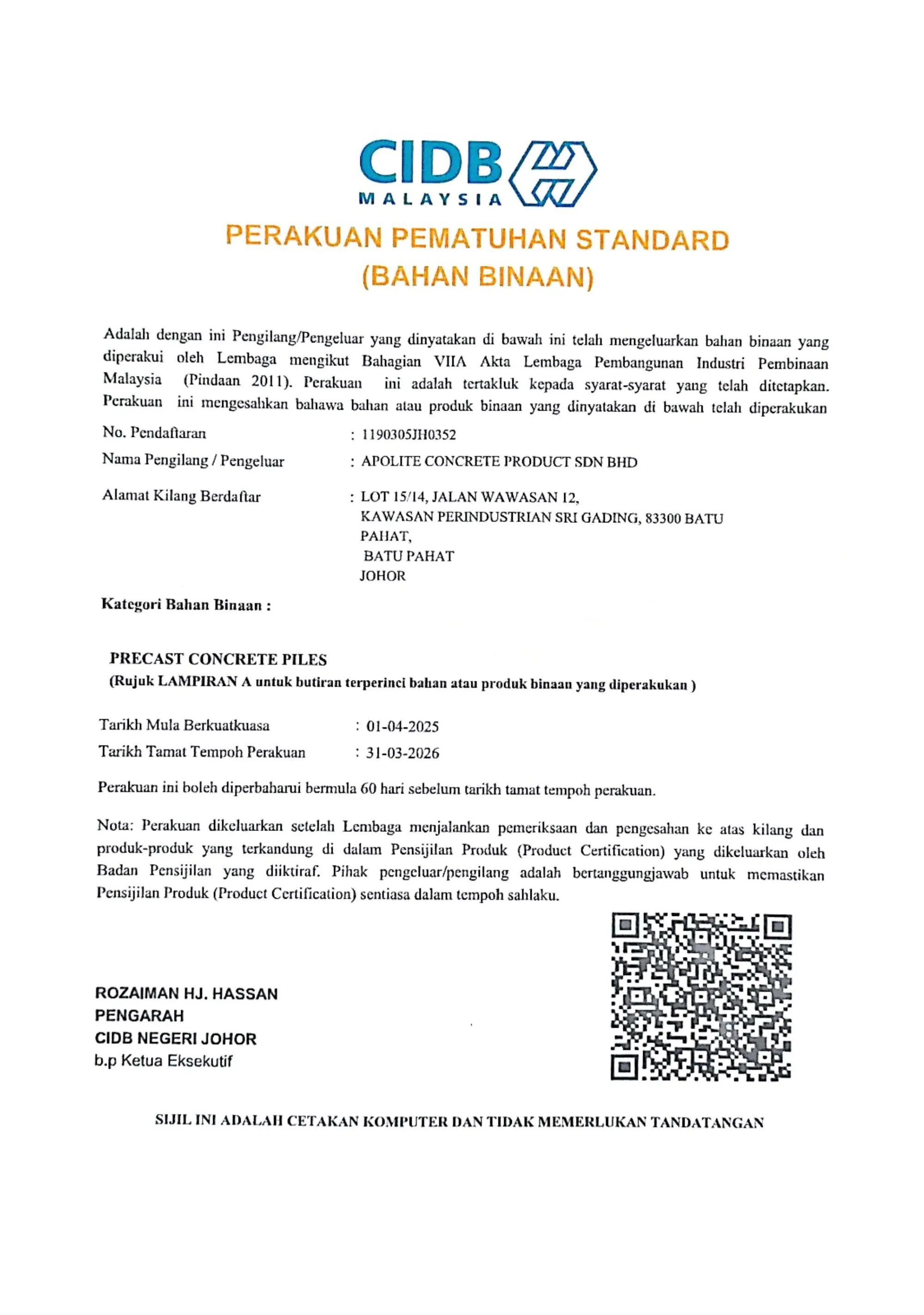CIDB Malaysia Certificate for Precast Concrete Piles - Apolite Concrete Product Sdn Bhd – CIDB Recognised Reinforced Concrete Pile Manufacturer Malaysia B01
