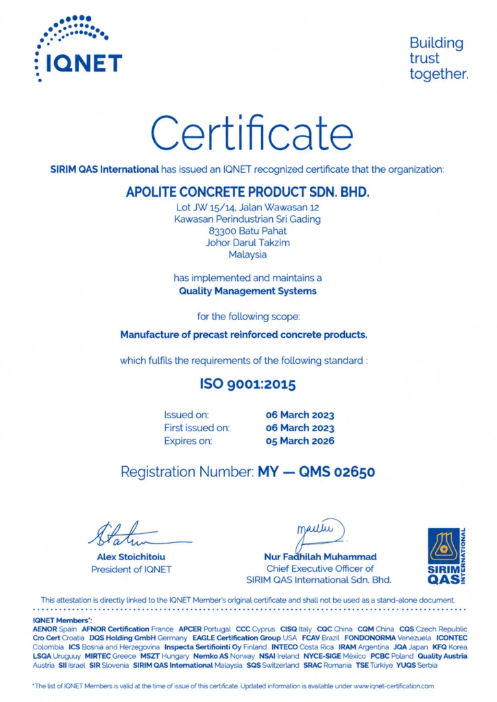 IQNET ISO 9001 2015 Certified Precast Reinforced Concrete Products Manufacturer Malaysia - Apolite Concrete Product Sdn Bhd A02