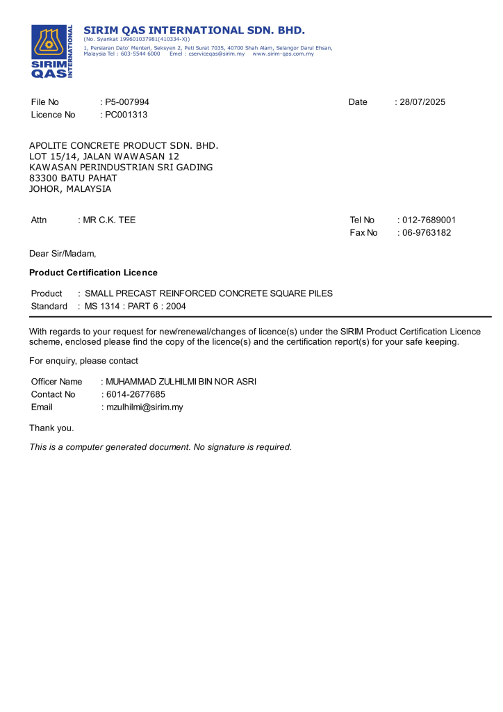 SIRIM Certified Reinforced Concrete Square Piles Manufacturer Malaysia - Apolite Concrete Product Sdn Bhd A01