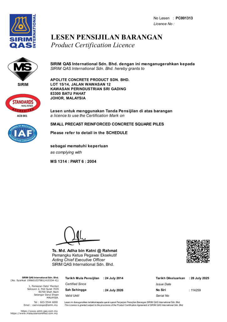 SIRIM Certified Reinforced Concrete Square Piles Manufacturer Malaysia - Apolite Concrete Product Sdn Bhd A02