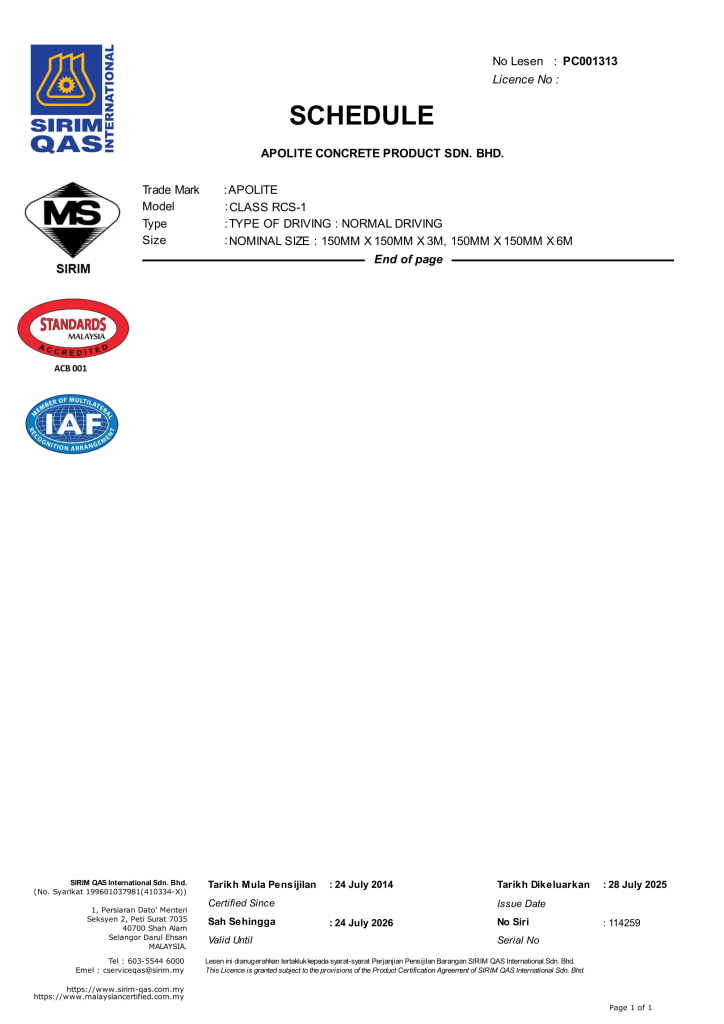 SIRIM Certified Reinforced Concrete Square Piles Manufacturer Malaysia - Apolite Concrete Product Sdn Bhd A03