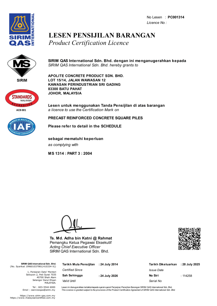 SIRIM Certified Reinforced Concrete Square Piles Manufacturer Malaysia - Apolite Concrete Product Sdn Bhd B02