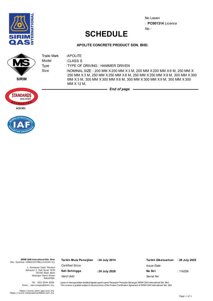 SIRIM Certified Reinforced Concrete Square Piles Manufacturer Malaysia - Apolite Concrete Product Sdn Bhd B03